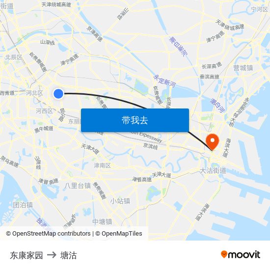 东康家园 to 塘沽 map