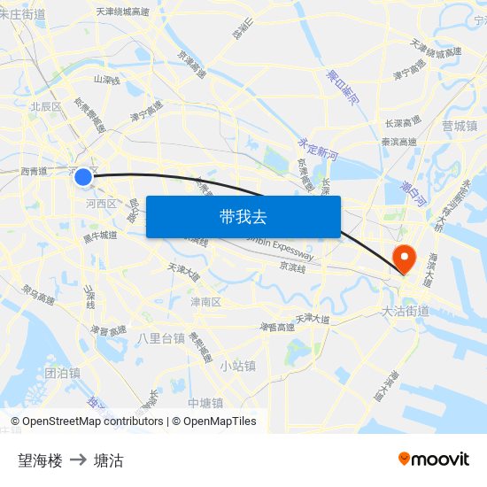 望海楼 to 塘沽 map