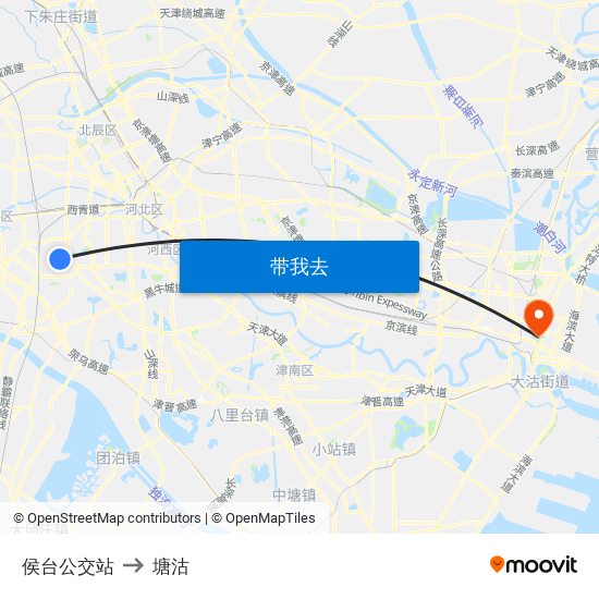 侯台公交站 to 塘沽 map
