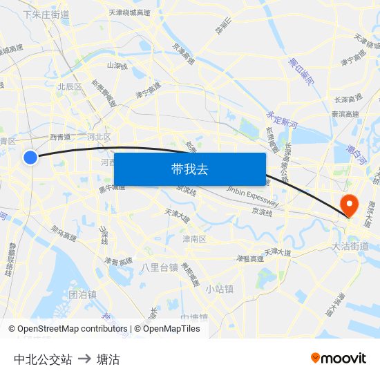 中北公交站 to 塘沽 map