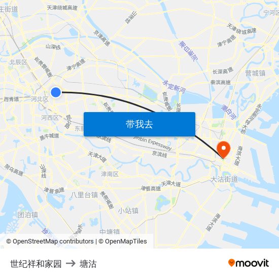 世纪祥和家园 to 塘沽 map