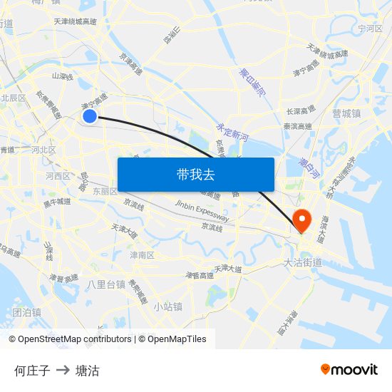 何庄子 to 塘沽 map