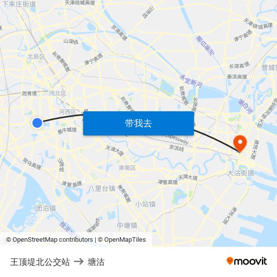 王顶堤北公交站 to 塘沽 map