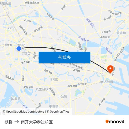 鼓楼 to 南开大学泰达校区 map