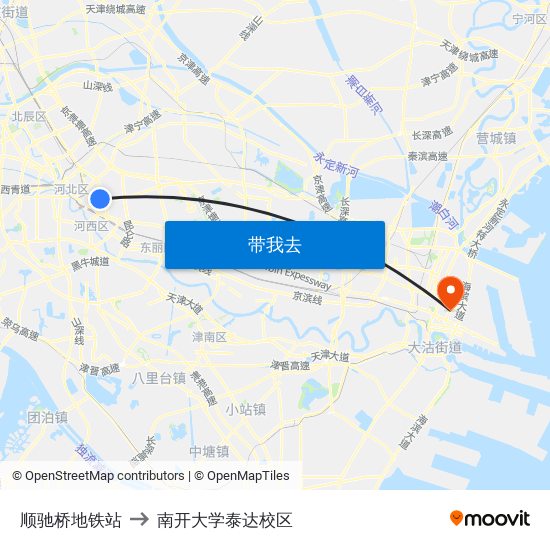 顺驰桥地铁站 to 南开大学泰达校区 map
