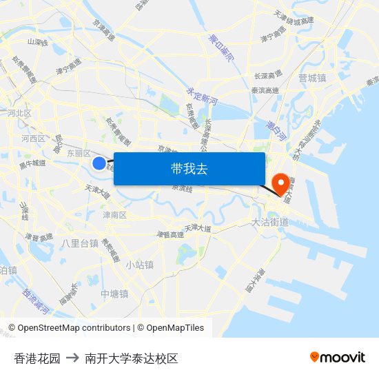 香港花园 to 南开大学泰达校区 map