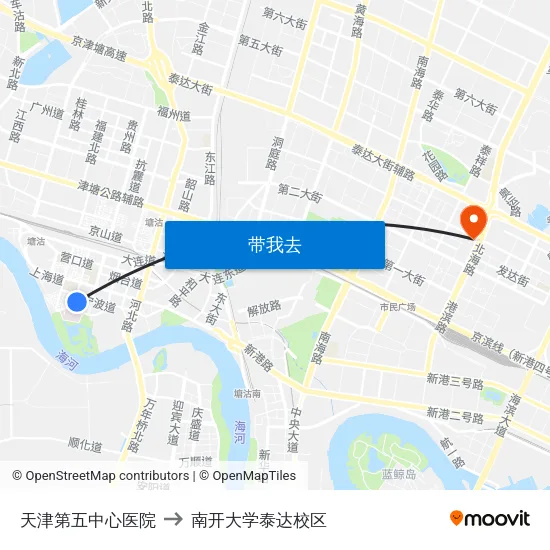 天津第五中心医院 to 南开大学泰达校区 map
