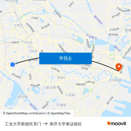 工业大学新校区东门 to 南开大学泰达校区 map