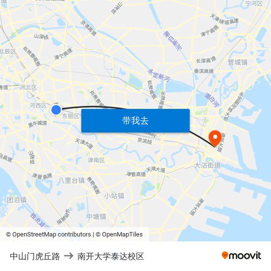 中山门虎丘路 to 南开大学泰达校区 map