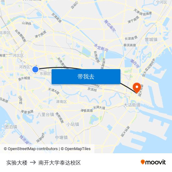 实验大楼 to 南开大学泰达校区 map