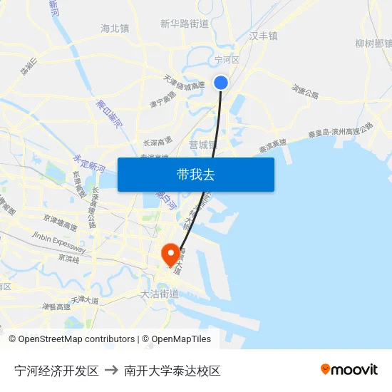 宁河经济开发区 to 南开大学泰达校区 map