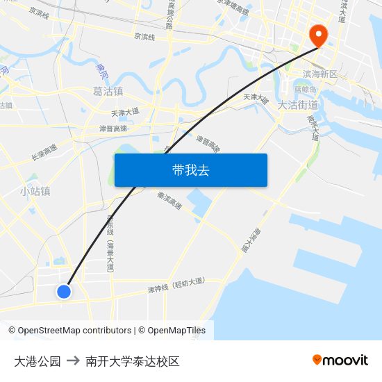 大港公园 to 南开大学泰达校区 map