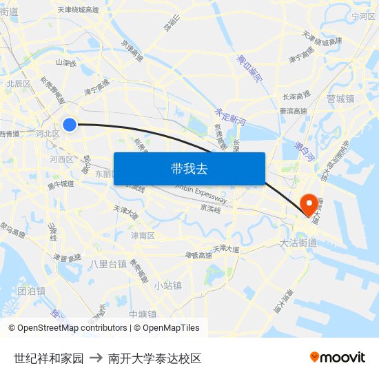 世纪祥和家园 to 南开大学泰达校区 map