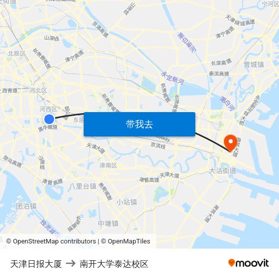 天津日报大厦 to 南开大学泰达校区 map