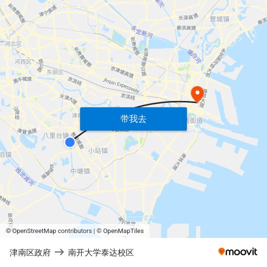 津南区政府 to 南开大学泰达校区 map
