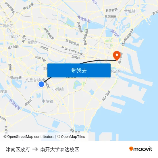 津南区政府 to 南开大学泰达校区 map
