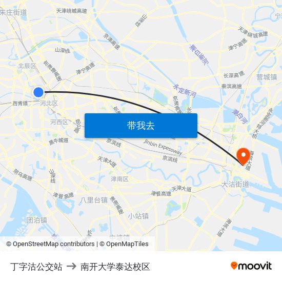 丁字沽公交站 to 南开大学泰达校区 map