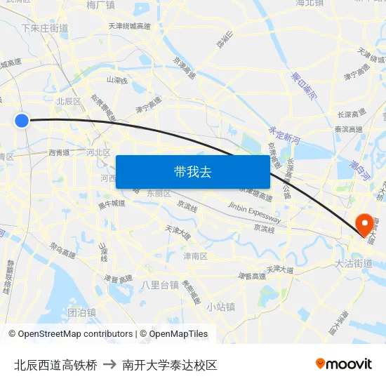 北辰西道高铁桥 to 南开大学泰达校区 map