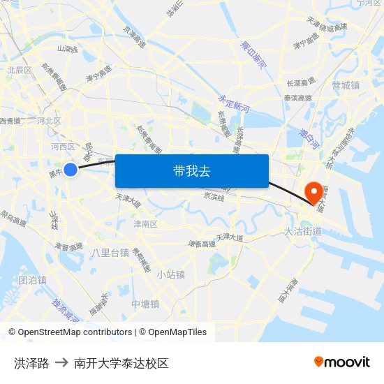洪泽路 to 南开大学泰达校区 map