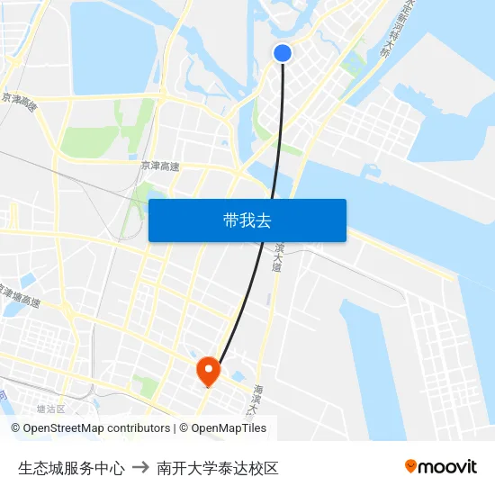 生态城服务中心 to 南开大学泰达校区 map