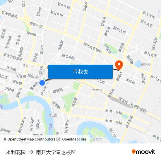 永利花园 to 南开大学泰达校区 map
