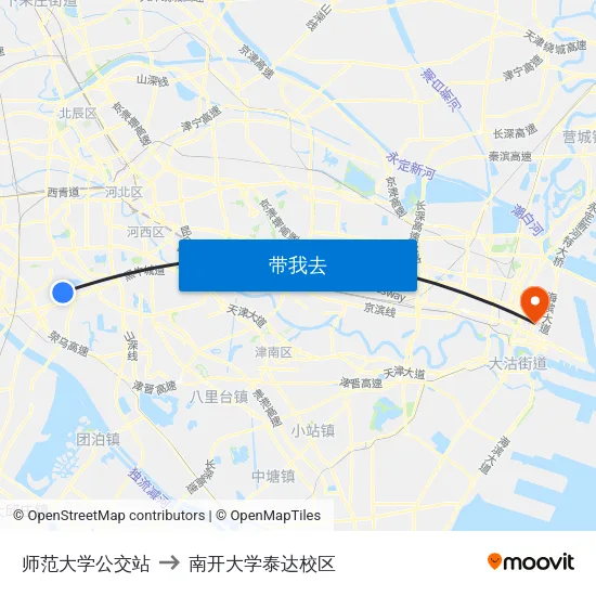师范大学公交站 to 南开大学泰达校区 map