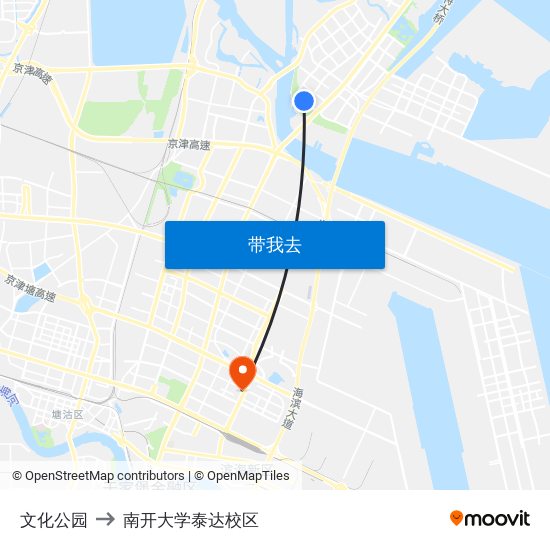 文化公园 to 南开大学泰达校区 map