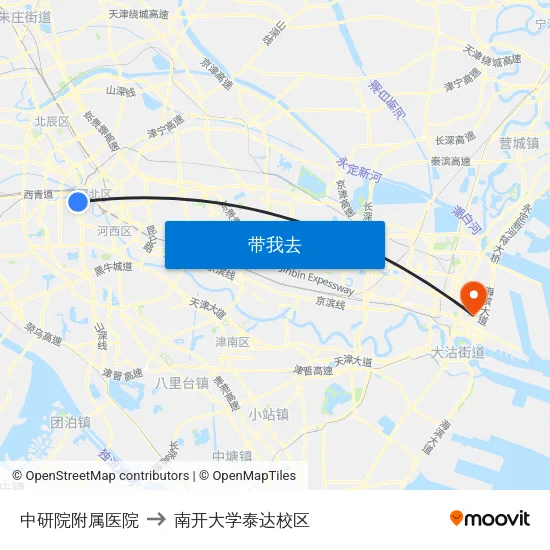中研院附属医院 to 南开大学泰达校区 map