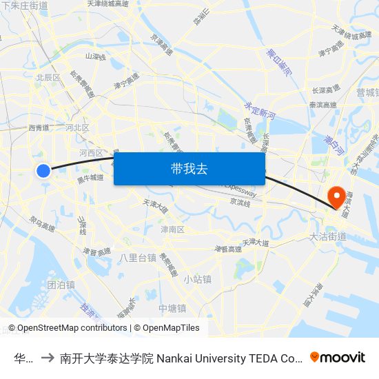 华苑 to 南开大学泰达学院 Nankai University TEDA College map