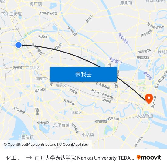 化工大楼 to 南开大学泰达学院 Nankai University TEDA College map