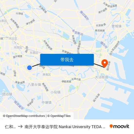 仁和园 to 南开大学泰达学院 Nankai University TEDA College map