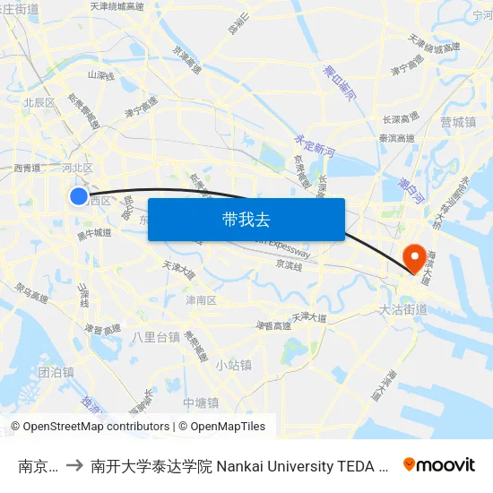 南京路 to 南开大学泰达学院 Nankai University TEDA College map