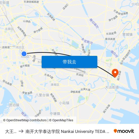 大王庄 to 南开大学泰达学院 Nankai University TEDA College map