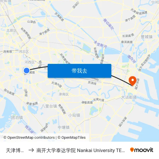 天津博物馆 to 南开大学泰达学院 Nankai University TEDA College map