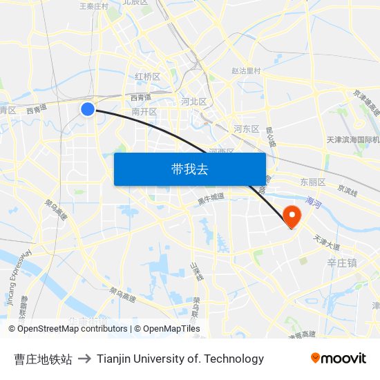 曹庄地铁站 to Tianjin University of. Technology map
