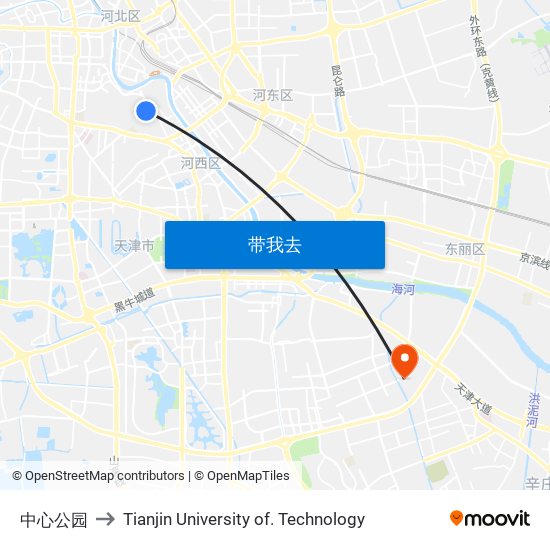 中心公园 to Tianjin University of. Technology map