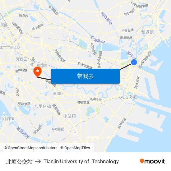 北塘公交站 to Tianjin University of. Technology map