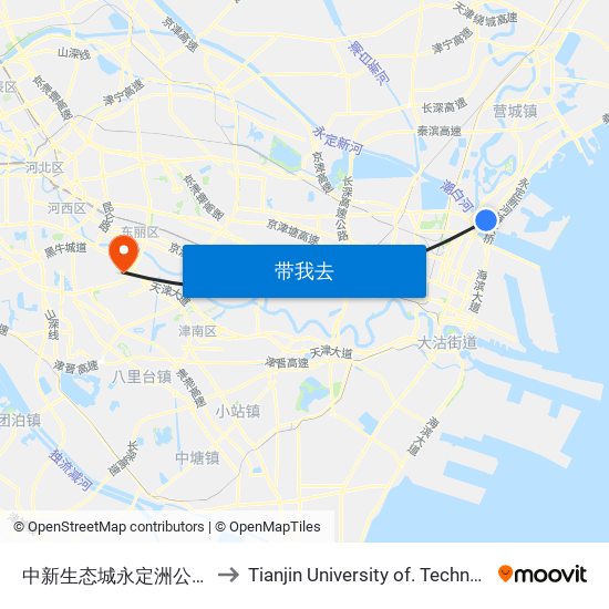 中新生态城永定洲公交站 to Tianjin University of. Technology map