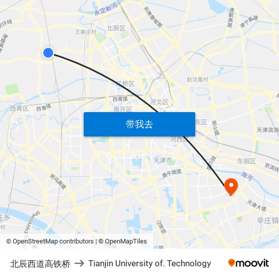 北辰西道高铁桥 to Tianjin University of. Technology map