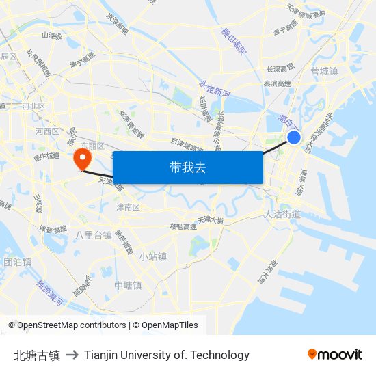 北塘古镇 to Tianjin University of. Technology map