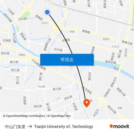 中山门东里 to Tianjin University of. Technology map
