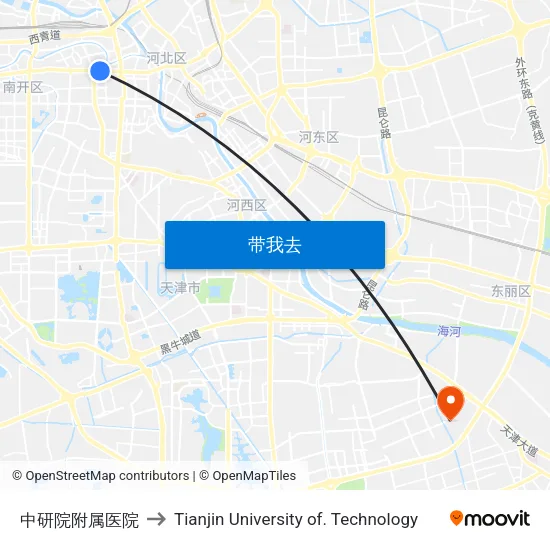 中研院附属医院 to Tianjin University of. Technology map