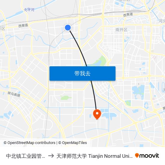 中北镇工业园管委会 to 天津师范大学 Tianjin Normal University map