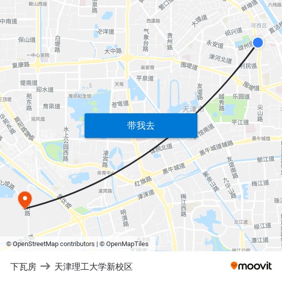 下瓦房 to 天津理工大学新校区 map