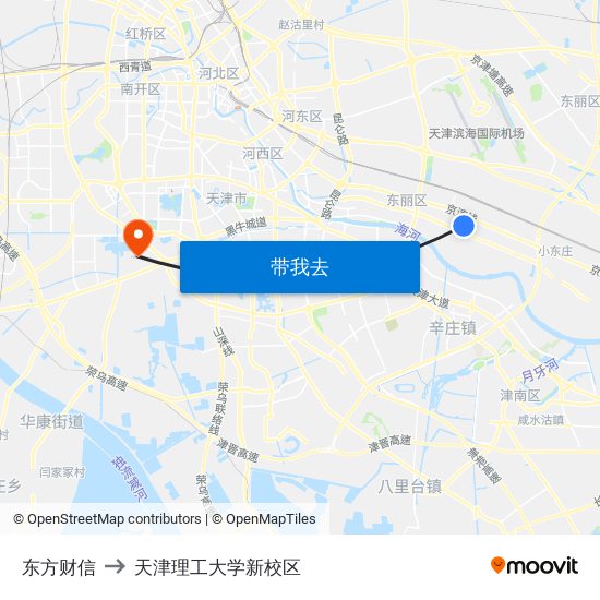 东方财信 to 天津理工大学新校区 map