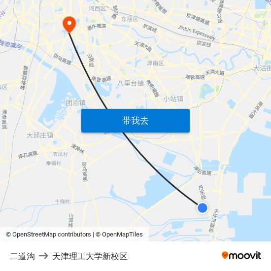 二道沟 to 天津理工大学新校区 map