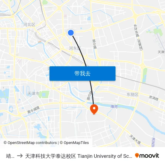 靖江路 to 天津科技大学泰达校区 Tianjin University of Science and Technology (TEDA Campus) map