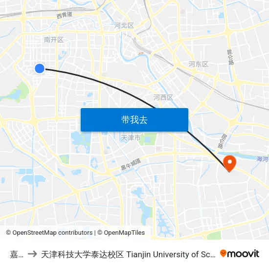 嘉陵里 to 天津科技大学泰达校区 Tianjin University of Science and Technology (TEDA Campus) map
