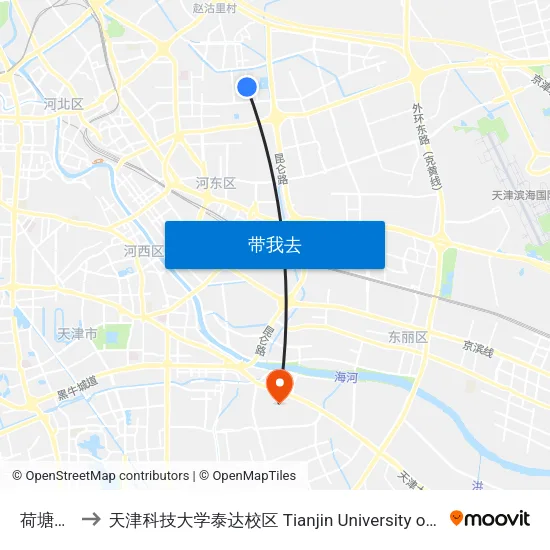 荷塘月色家园 to 天津科技大学泰达校区 Tianjin University of Science and Technology (TEDA Campus) map