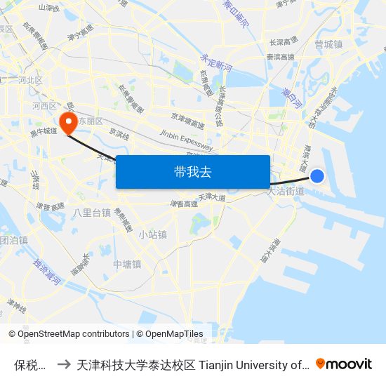 保税区管委会 to 天津科技大学泰达校区 Tianjin University of Science and Technology (TEDA Campus) map